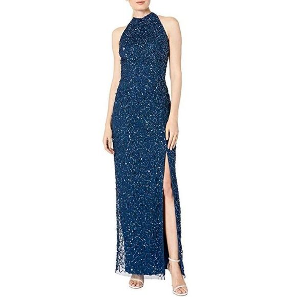 Adrianna Papell Cut Out Back Maxi Blue Sequined Dress size 10 - Picture 1 of 12
